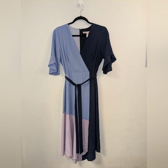 Antropologie Hutch V Neck Color Block Flutter Sleeve Wrap Dress Blue/Lilac Sz M - Picture 3 of 12